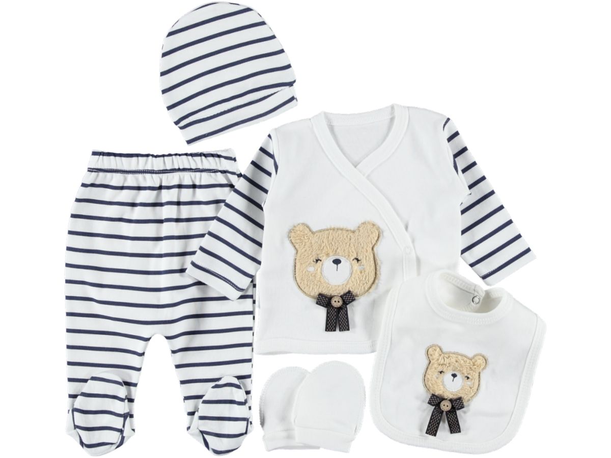 Erkek Çizgili Ayıcıklı 5 Parça Zıbın Seti