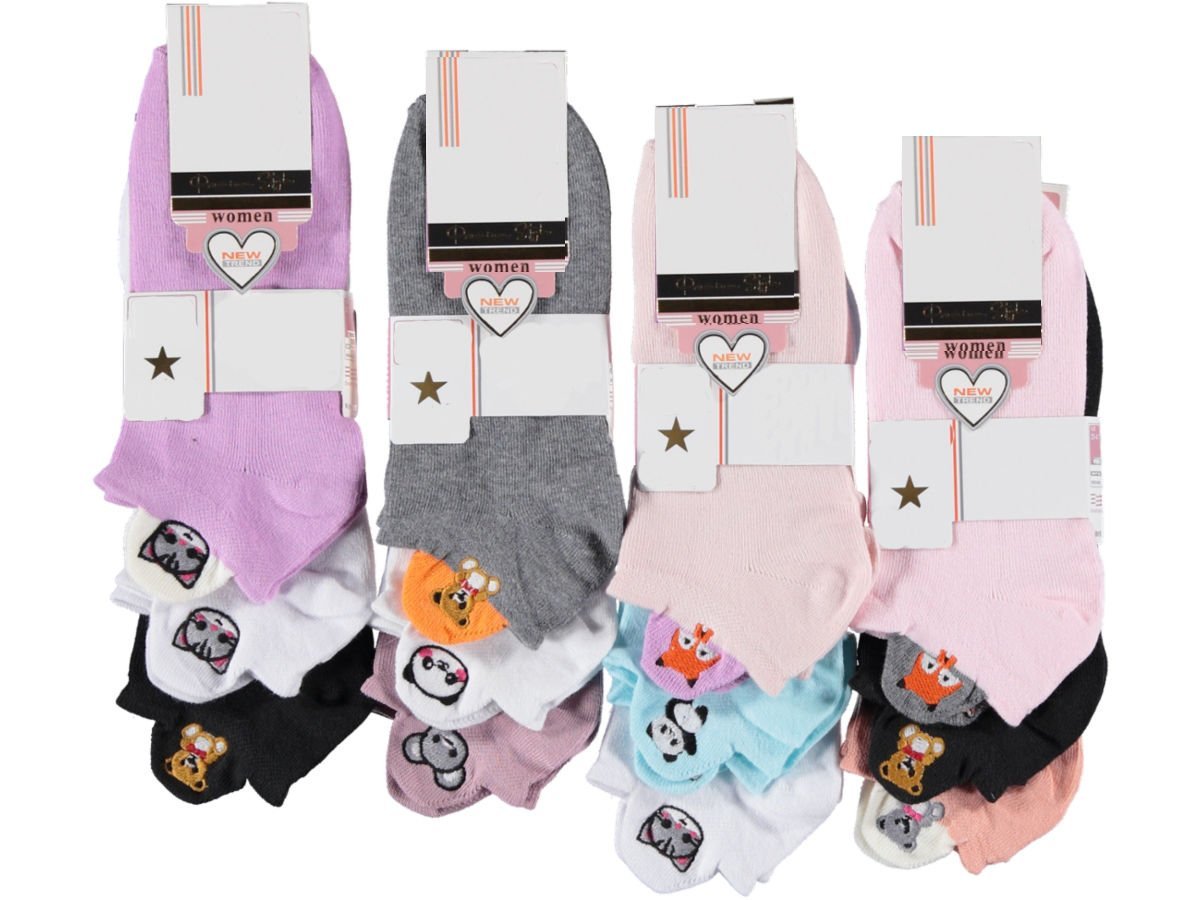 Kadın Penye Nakışlı Patik Çorap 12'li Paket