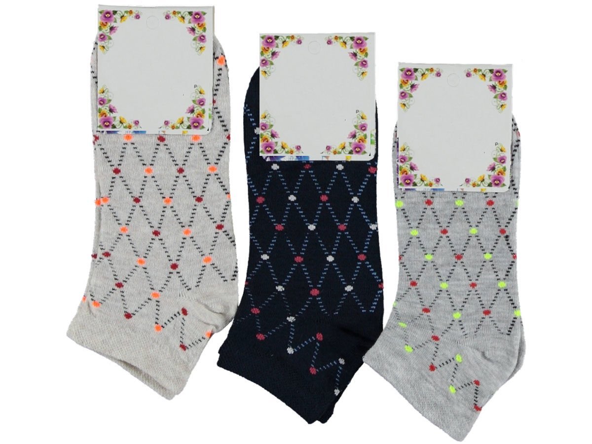 Süper Ekonomik Kadın Desenli Penye Patik Çorap 12'li Paket