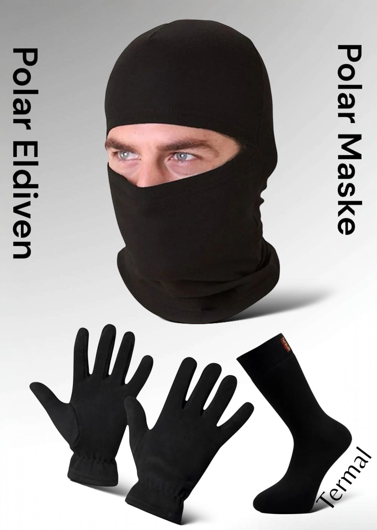 Siyah Termal Kışlık Kaliteli Polar Eldiven-Kar Maskesi-Termal Çorap