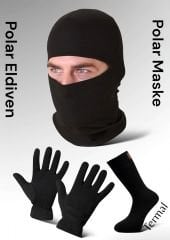 Siyah Termal Kışlık Kaliteli Polar Eldiven-Kar Maskesi-Termal Çorap