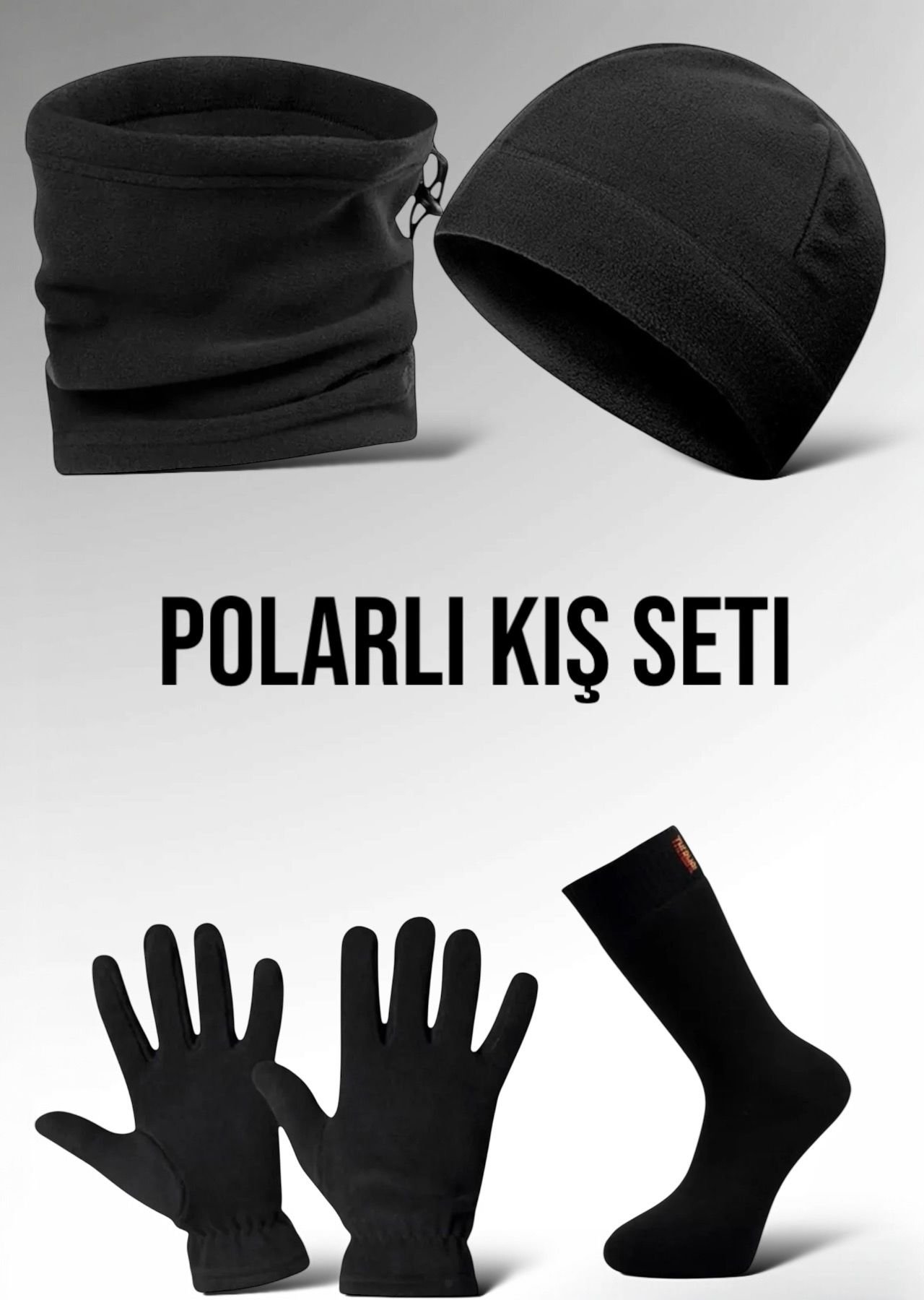 Siyah Termal Kışlık Kaliteli Polar Eldiven-Bere-Boyunluk-Termal Çorap Set
