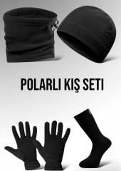 Siyah Termal Kışlık Kaliteli Polar Eldiven-Bere-Boyunluk-Termal Çorap Set